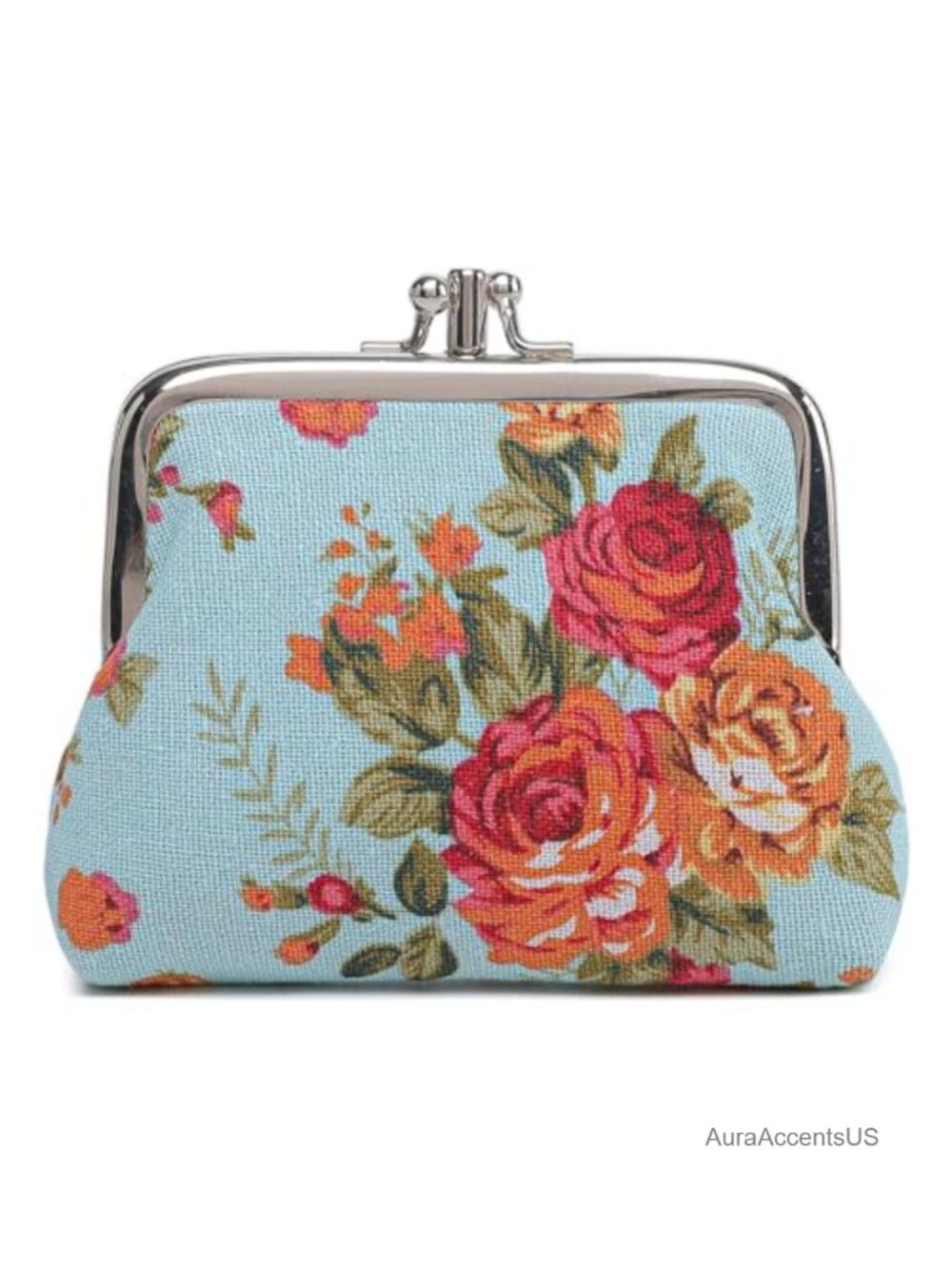 Canvas Kiss-Lock Coin Purse Vintage Floral Change Pouch 2 Compartments